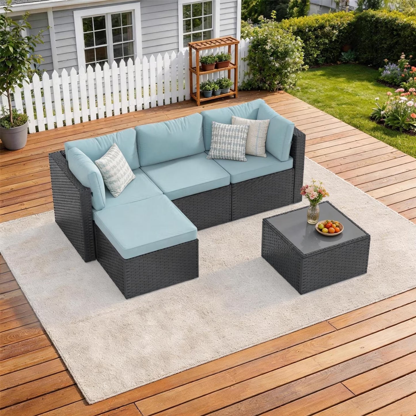 3 Pieces Patio Furniture Set, All-Weather Wicker Rattan Patio Sectional Sofa Set with Coffee Table and Waterproof Cover(Light Blue)