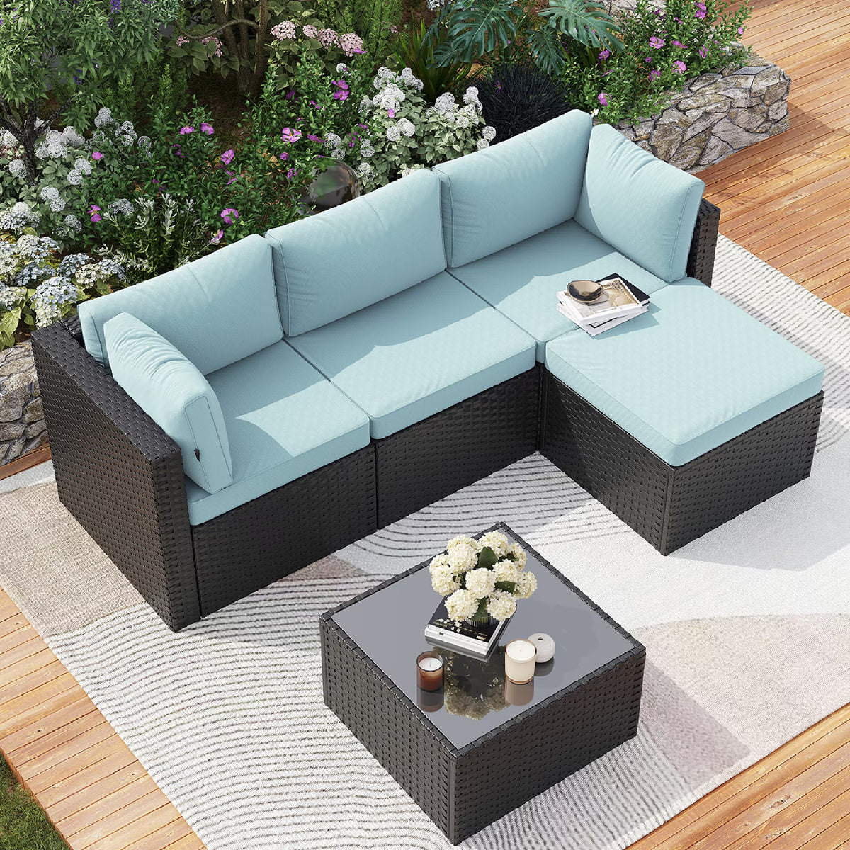 Clouddwell 5 Pieces Patio Furniture Set, All-Weather Wicker Rattan Patio Sectional Sofa Set with Coffee Table (Light Blue)