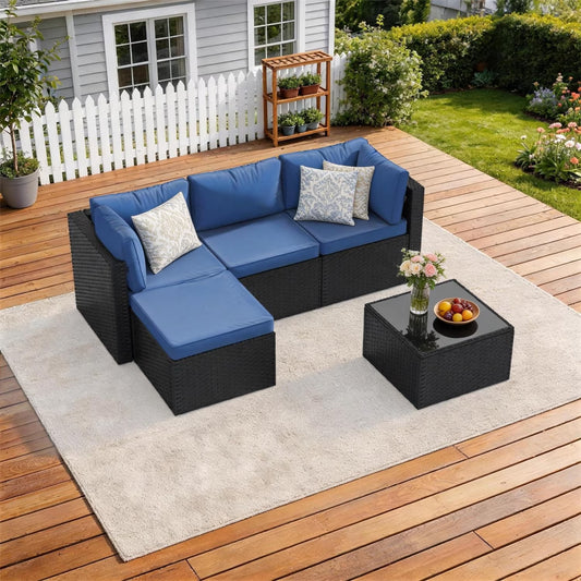 Clouddwell 3 Pieces Patio Furniture Set, All-Weather Wicker Rattan Patio Sectional Sofa Set with Coffee Table and Waterproof Cover(Navy Blue)