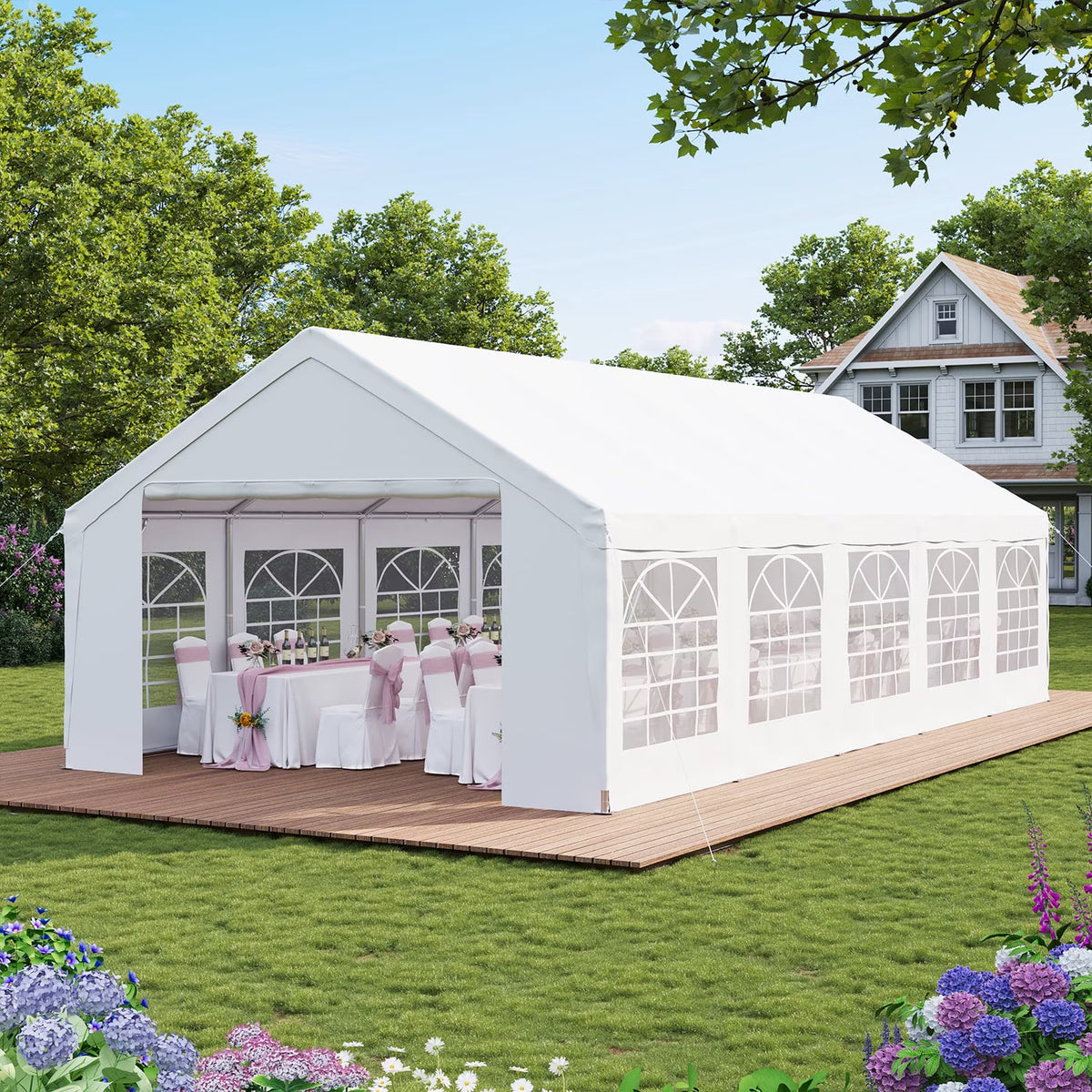LazySunsets 32*16FT Party Tent,Heavy Duty Outdoor Awning Tent,with Removable Sidewalls, Commercial Wedding Big Tent,Carport, BBQ,UV 50+, Waterproof, White