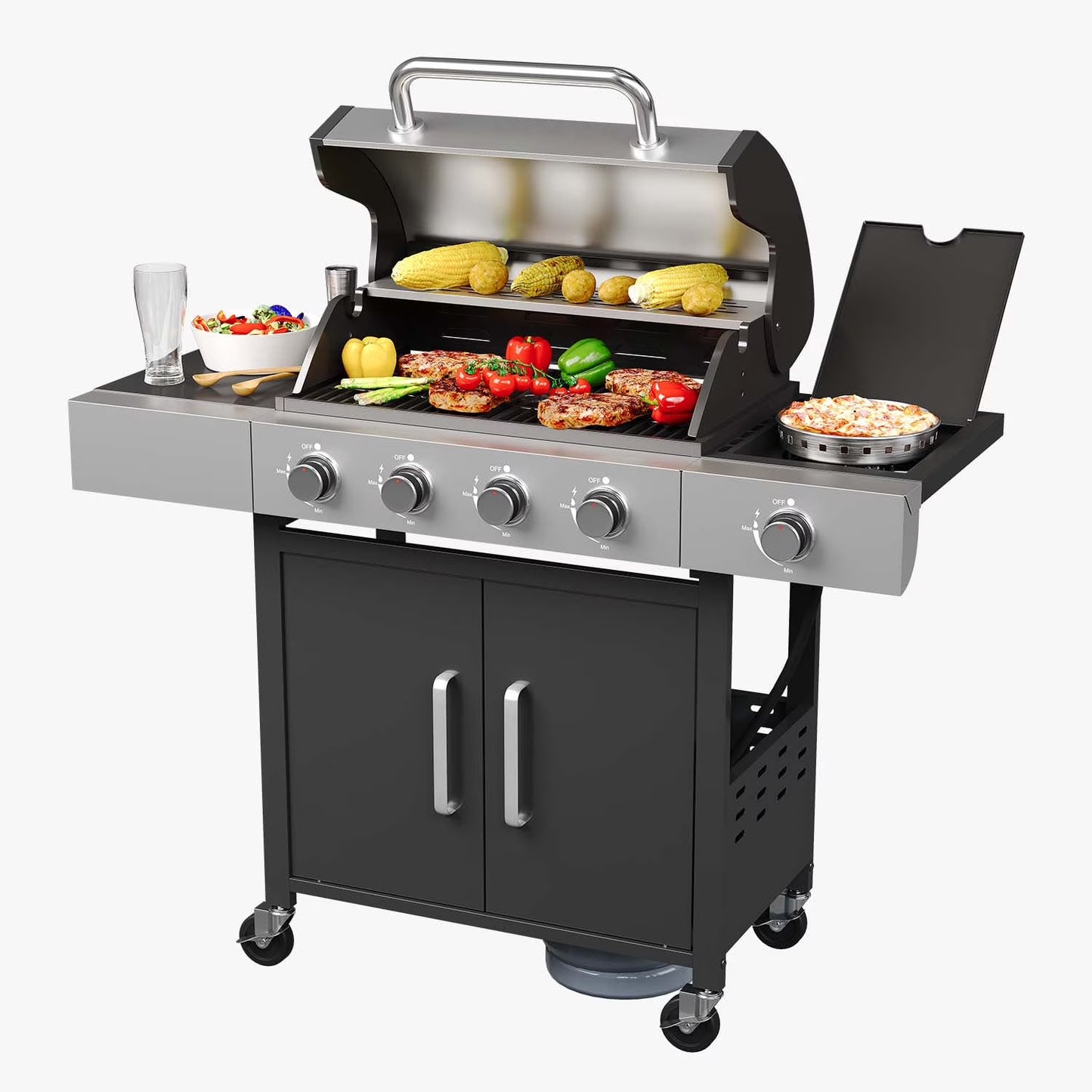 4 Burner Gas Grill, with 4 Casters, Side Table, and Thermometer, Patio Garden BBQ Grill Perfect for Camping, Black and Silver