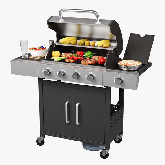 4 Burner Gas Grill, with 4 Casters, Side Table, and Thermometer, Patio Garden BBQ Grill Perfect for Camping, Black and Silver