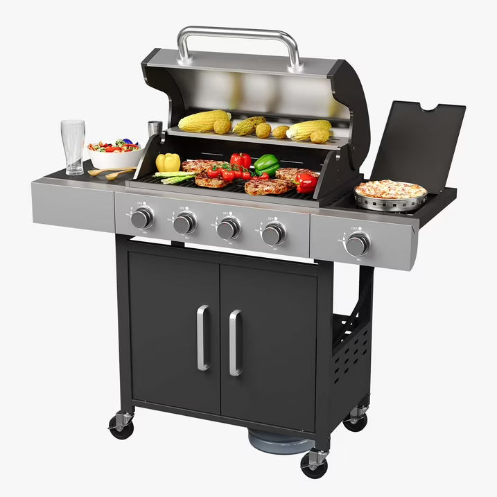 Clouddwell 4 Burner Gas Grill, with 4 Casters, Side Table, and Thermometer, Patio Garden BBQ Grill Perfect for Camping, Black and Silver