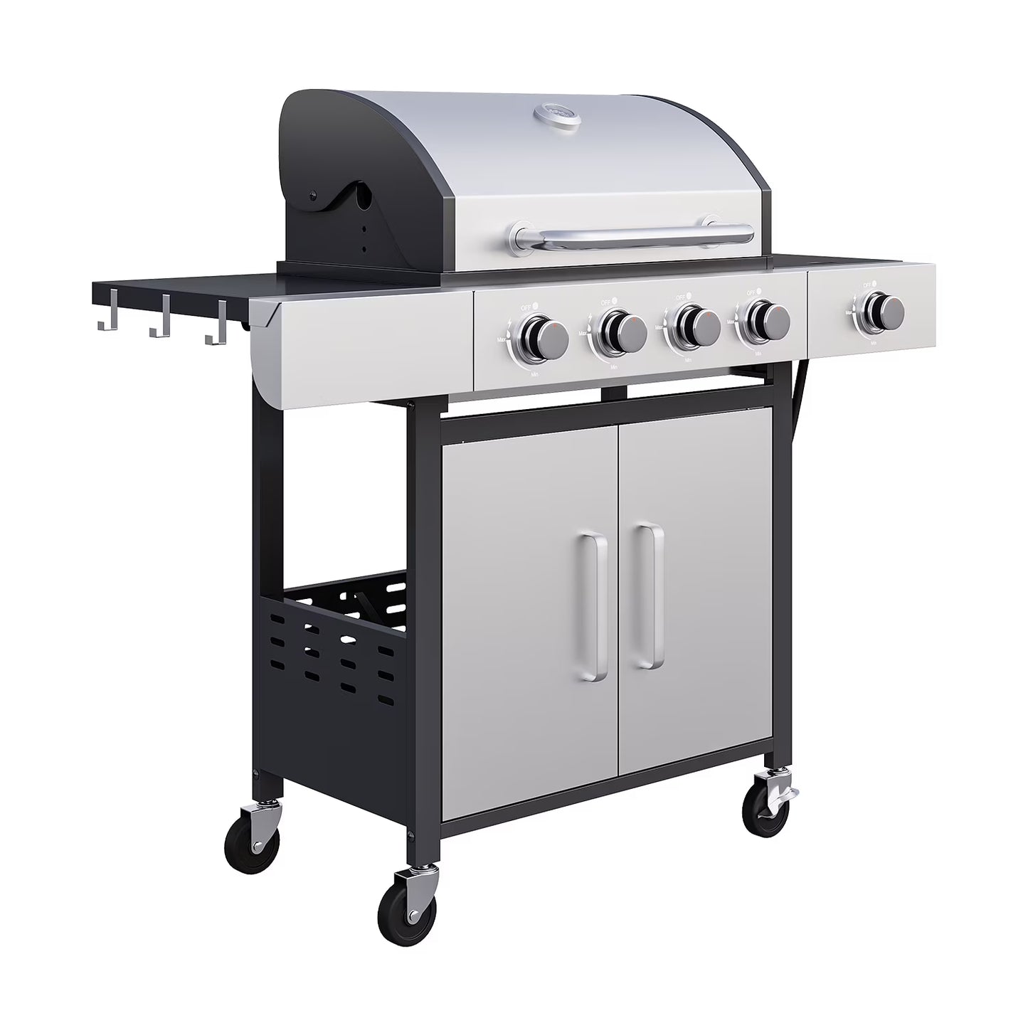 Clouddwell 4 Burner Gas Propane Grill, with 4 Casters, Side Table, and Thermometer, Patio Garden BBQ Grill Perfect for Camping, Silver