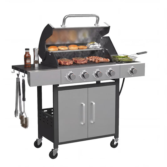 Clouddwell 4 Burner Gas Propane Grill, with 4 Casters, Side Table, and Thermometer, Patio Garden BBQ Grill Perfect for Camping, Silver