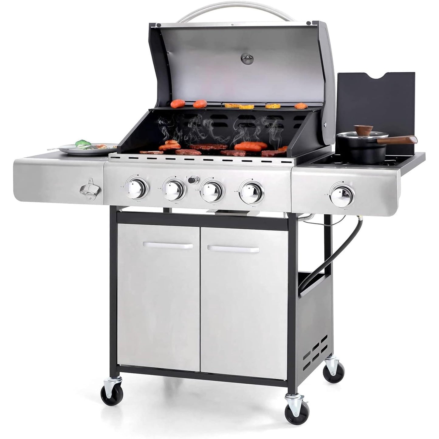 Clouddwell 4-Burner Propane Gas BBQ Grill with Side Burner and Porcelain-Enameled Cast Iron Grates, Stainless Steel Barbecue Grills Outdoor Cooking
