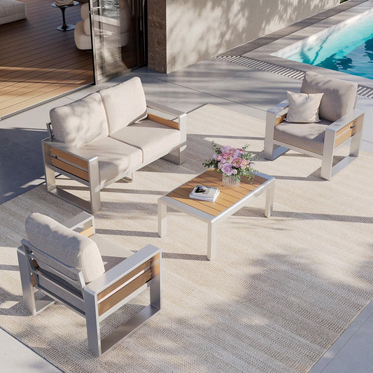 Clouddwell 4-Seats Aluminum Patio Furniture Set, Outdoor Metal Sofa Conversation Set with Coffee Table for Pool Garden Porch Backyard, Beige