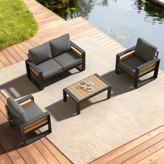 4-Seats Aluminum Patio Furniture Set, Outdoor Metal Sofa Conversation Set with Coffee Table for Pool Garden Porch Backyard, Dark Gray