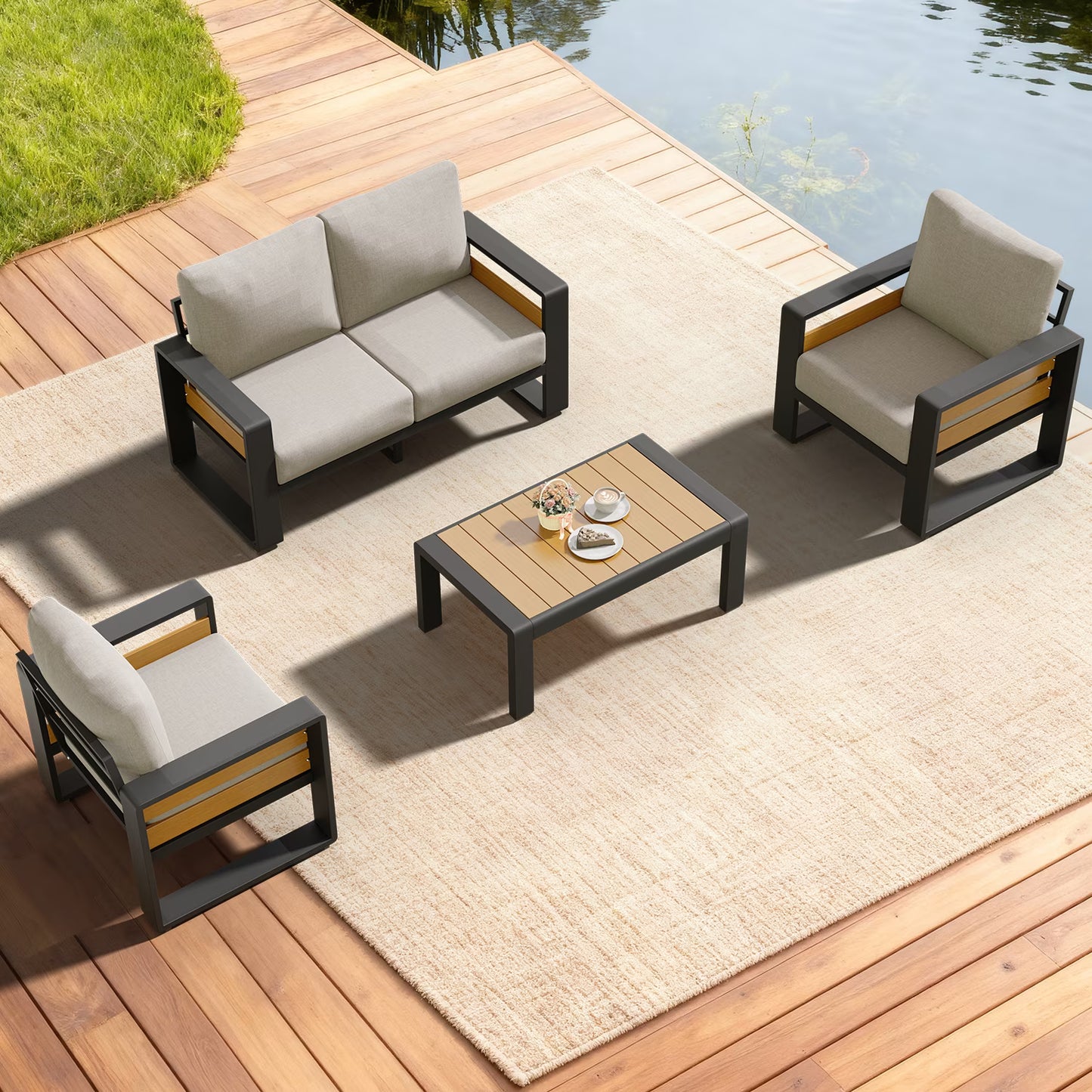 4-Seats Aluminum Patio Furniture Set, Outdoor Metal Sofa Conversation Set with Coffee Table for Pool Garden Porch Backyard, Light Gray
