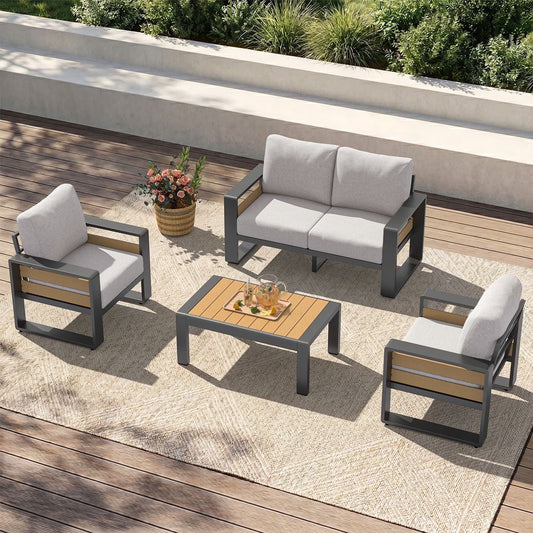 Clouddwell 4-Seats Aluminum Patio Furniture Set, Outdoor Metal Sofa Conversation Set with Coffee Table for Pool Garden Porch Backyard, Light Gray