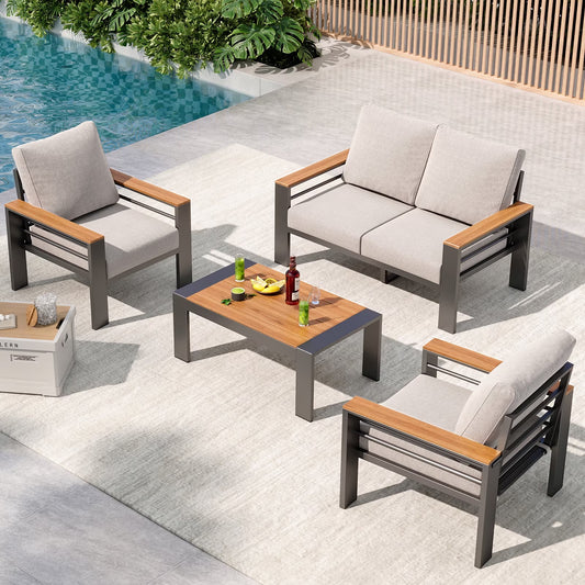 Clouddwell 4-Seats Outdoor Patio Sectional Set with Coffee Table & Cushions - Aluminum Furniture for Terrace/Garden/Poolside (Gray)