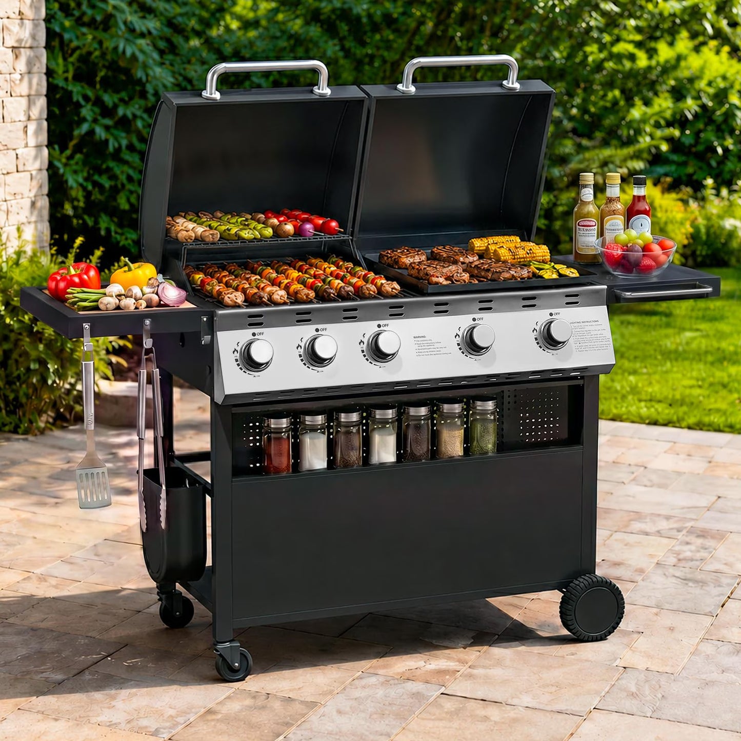 Clouddwell 5 Burner Gas Propane Grill and Griddle Combo BBQ Grill, 54000 BTU 2-in-1 Outdoor BBQ with Stainless Steel Lids, 4 Casters, Side Table, and Thermometer