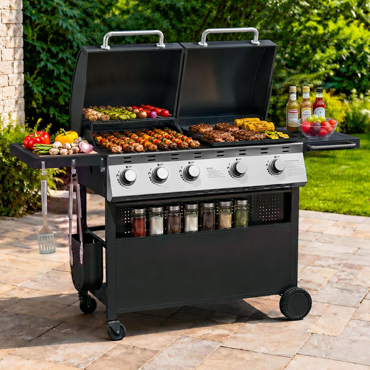 Clouddwell 5 Burner Gas Propane Grill and Griddle Combo BBQ Grill, 54000 BTU 2-in-1 Outdoor BBQ with Stainless Steel Lids, 4 Casters, Side Table, and Thermometer