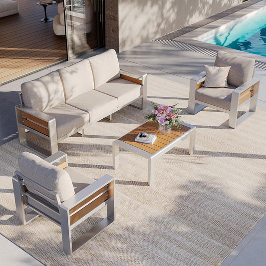 Clouddwell 5-Seats Aluminum Patio Furniture Set, Outdoor Metal Sofa Conversation Set with Coffee Table for Pool Garden Porch Backyard, Beige