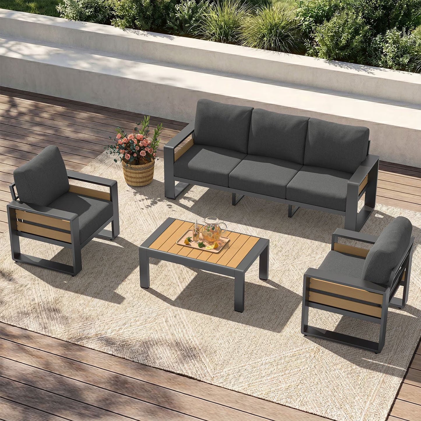 Clouddwell 5-Seats Aluminum Patio Furniture Set, Outdoor Metal Sofa Conversation Set with Coffee Table for Pool Garden Porch Backyard, Dark Gray