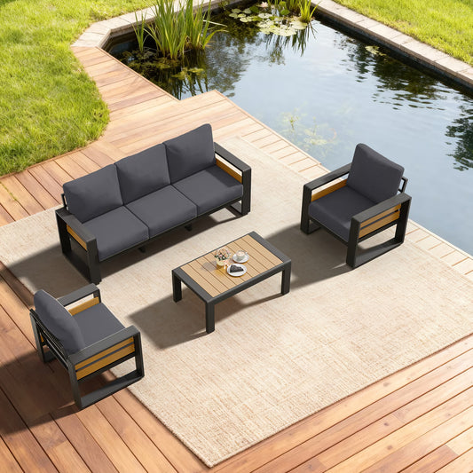 5-Seats Aluminum Patio Furniture Set, Outdoor Metal Sofa Conversation Set with Coffee Table for Pool Garden Porch Backyard, Dark Gray