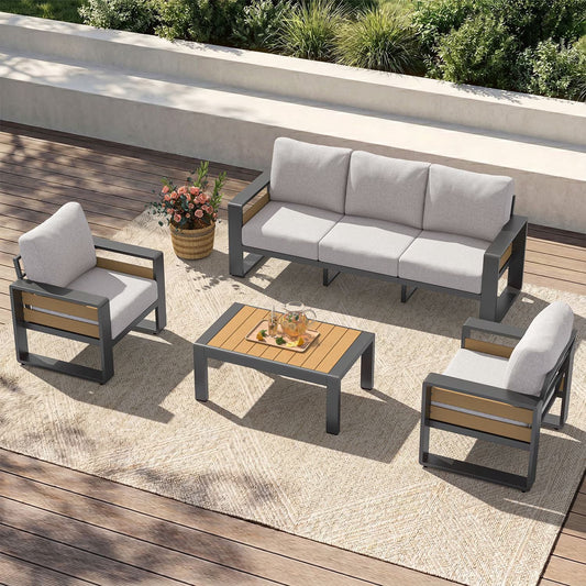 Clouddwell 5-Seats Aluminum Patio Furniture Set, Outdoor Metal Sofa Conversation Set with Coffee Table for Pool Garden Porch Backyard, Light Gray