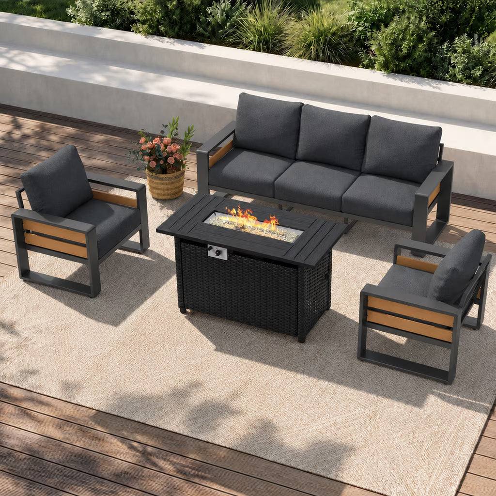 Clouddwell 5-Seats Aluminum Patio Furniture Set, Outdoor Metal Sofa Conversation Set with Fire Pit Table for Pool Garden Porch Backyard, Dark Gray