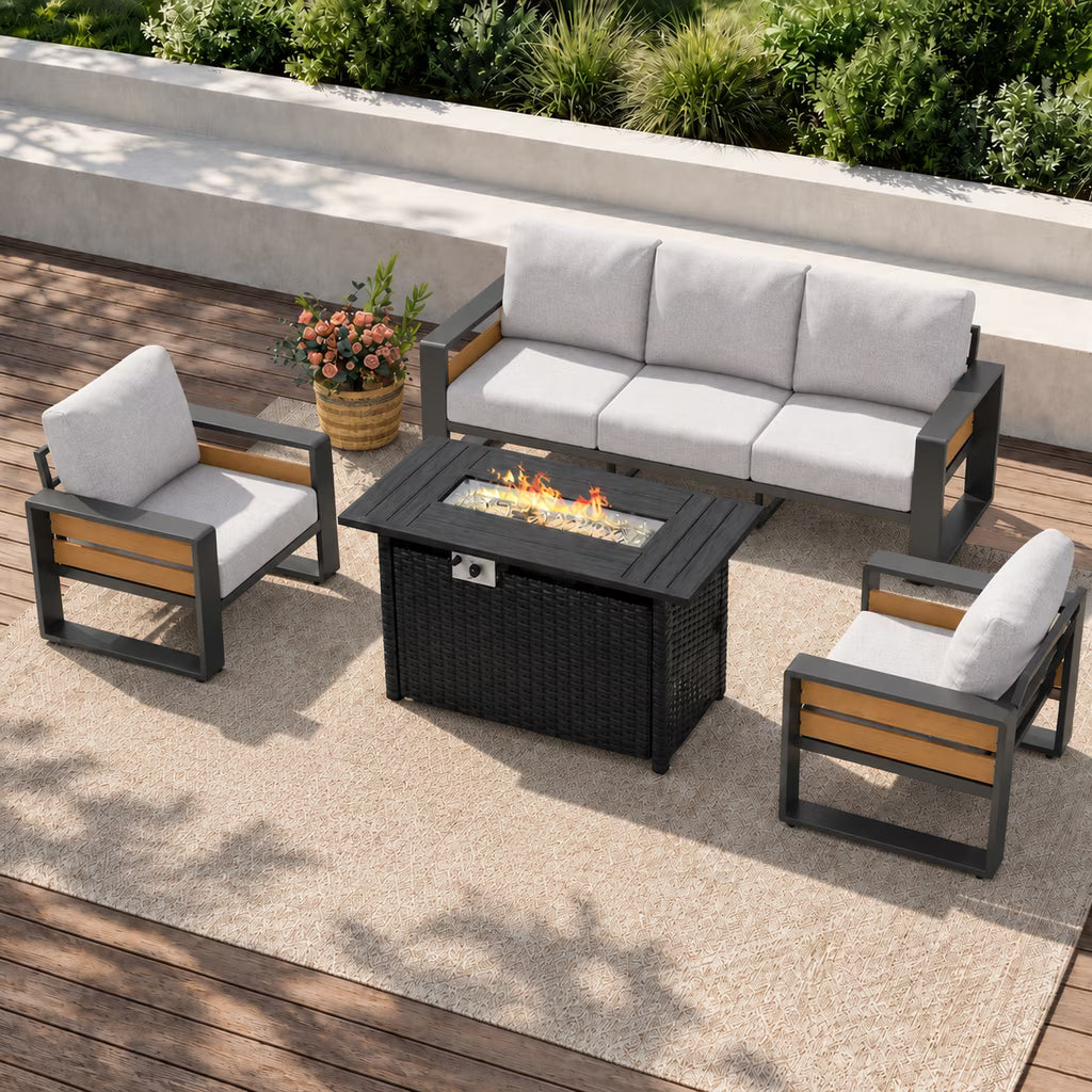 Clouddwell 5-Seats Aluminum Patio Furniture Set, Outdoor Metal Sofa Conversation Set with Fire Pit Table for Pool Garden Porch Backyard, Light Gray
