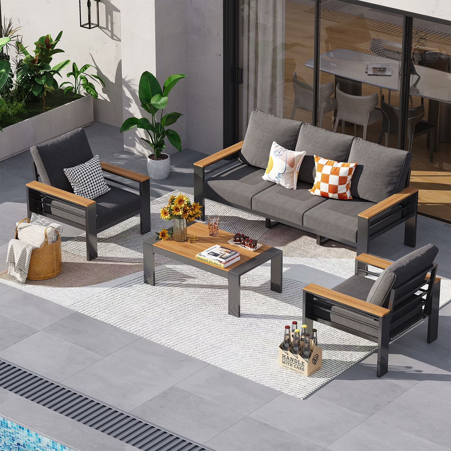 5-Seats Outdoor Patio Sectional Set with Coffee Table & Cushions - Aluminum Furniture for Terrace/Garden/Poolside (Gray)