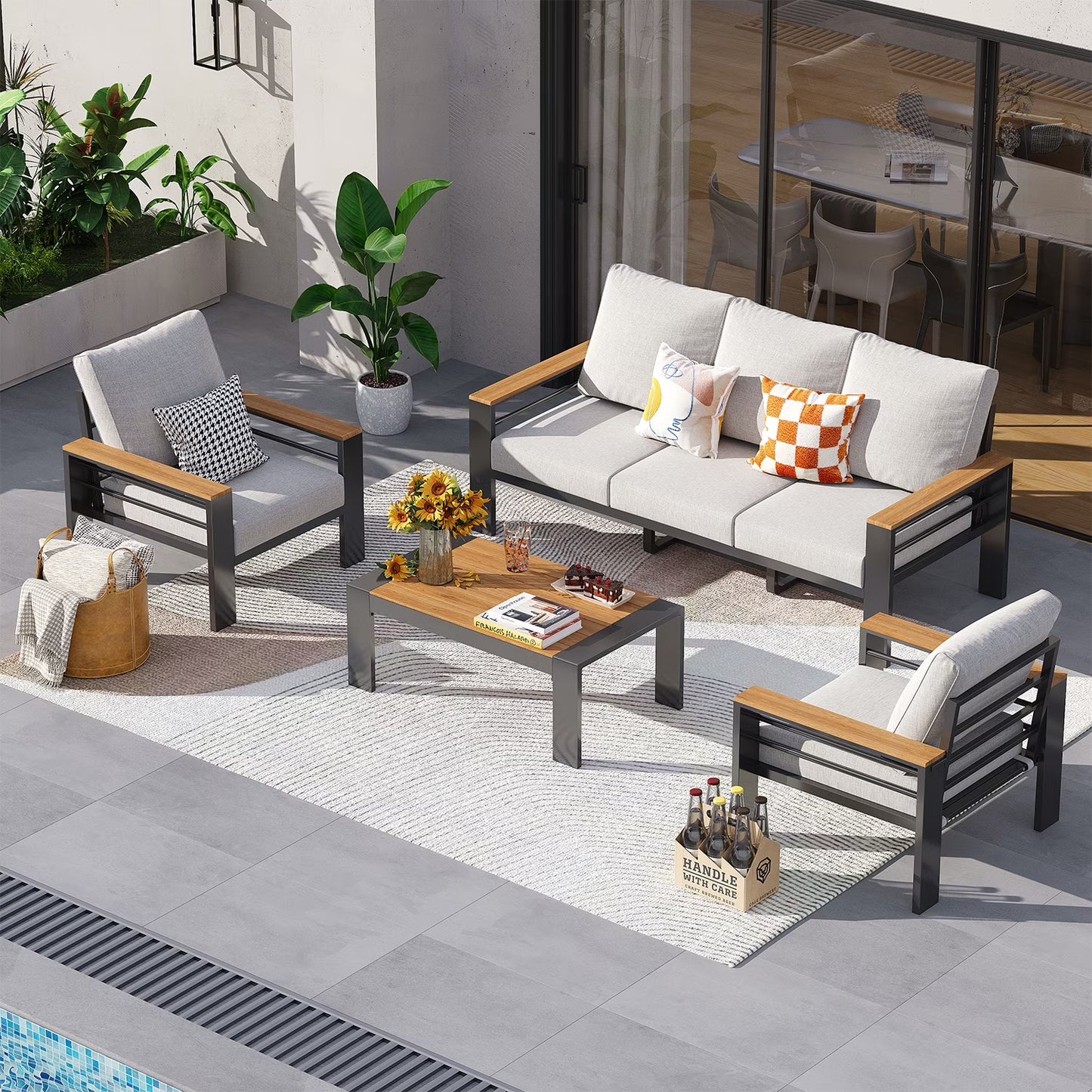 5-Seats Outdoor Patio Sectional Set with Coffee Table & Cushions - Aluminum Furniture for Terrace/Garden/Poolside (Gray)
