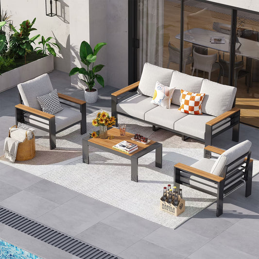 5-Seats Outdoor Patio Sectional Set with Coffee Table & Cushions - Aluminum Furniture for Terrace/Garden/Poolside (Gray)