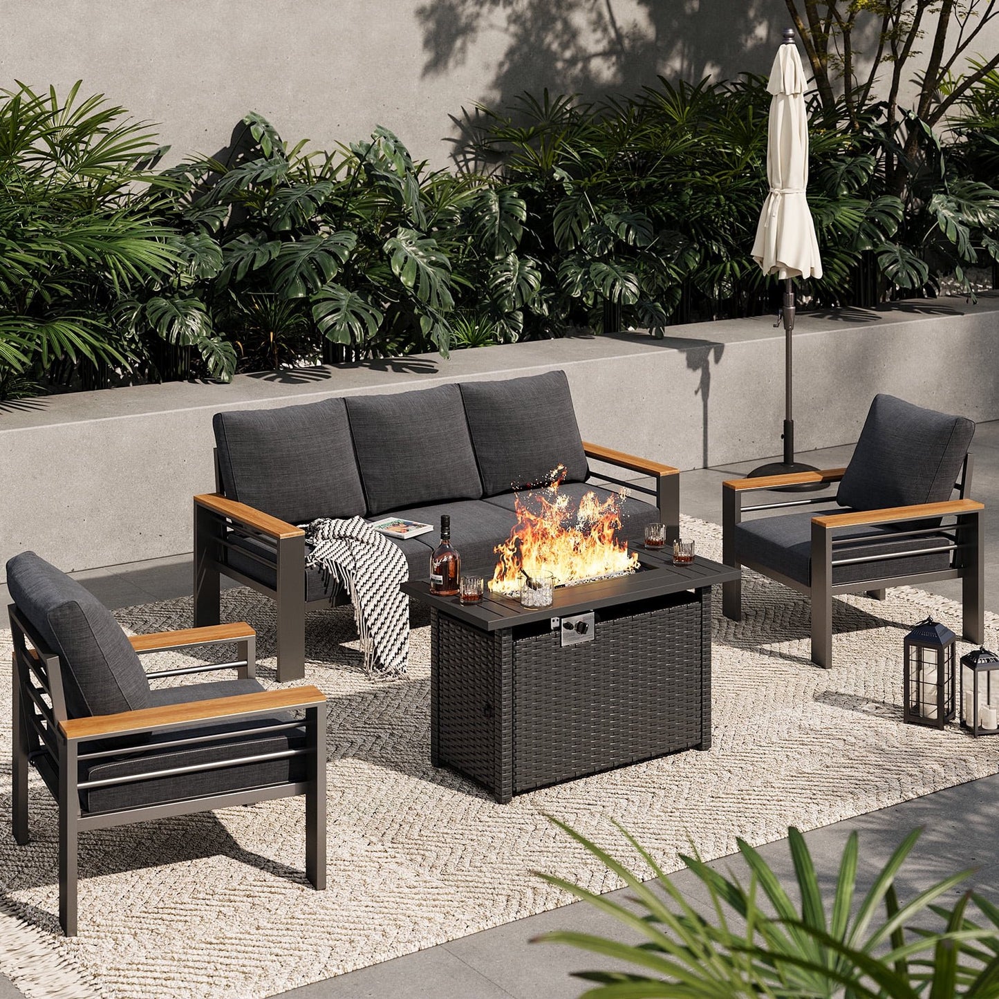 Clouddwell 5-Seats Outdoor Patio Sectional Set with Fire Pit & Cushions - Aluminum Furniture for Terrace/Garden/Poolside (Gray)