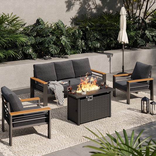 Clouddwell 5-Seats Outdoor Patio Sectional Set with Fire Pit & Cushions - Aluminum Furniture for Terrace/Garden/Poolside (Gray)