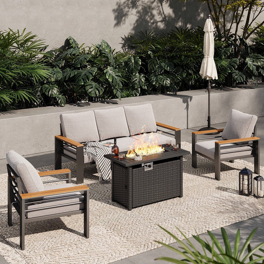 Clouddwell 5-Seats Outdoor Patio Sectional Set with Fire Pit & Cushions - Aluminum Furniture for Terrace/Garden/Poolside (Gray)