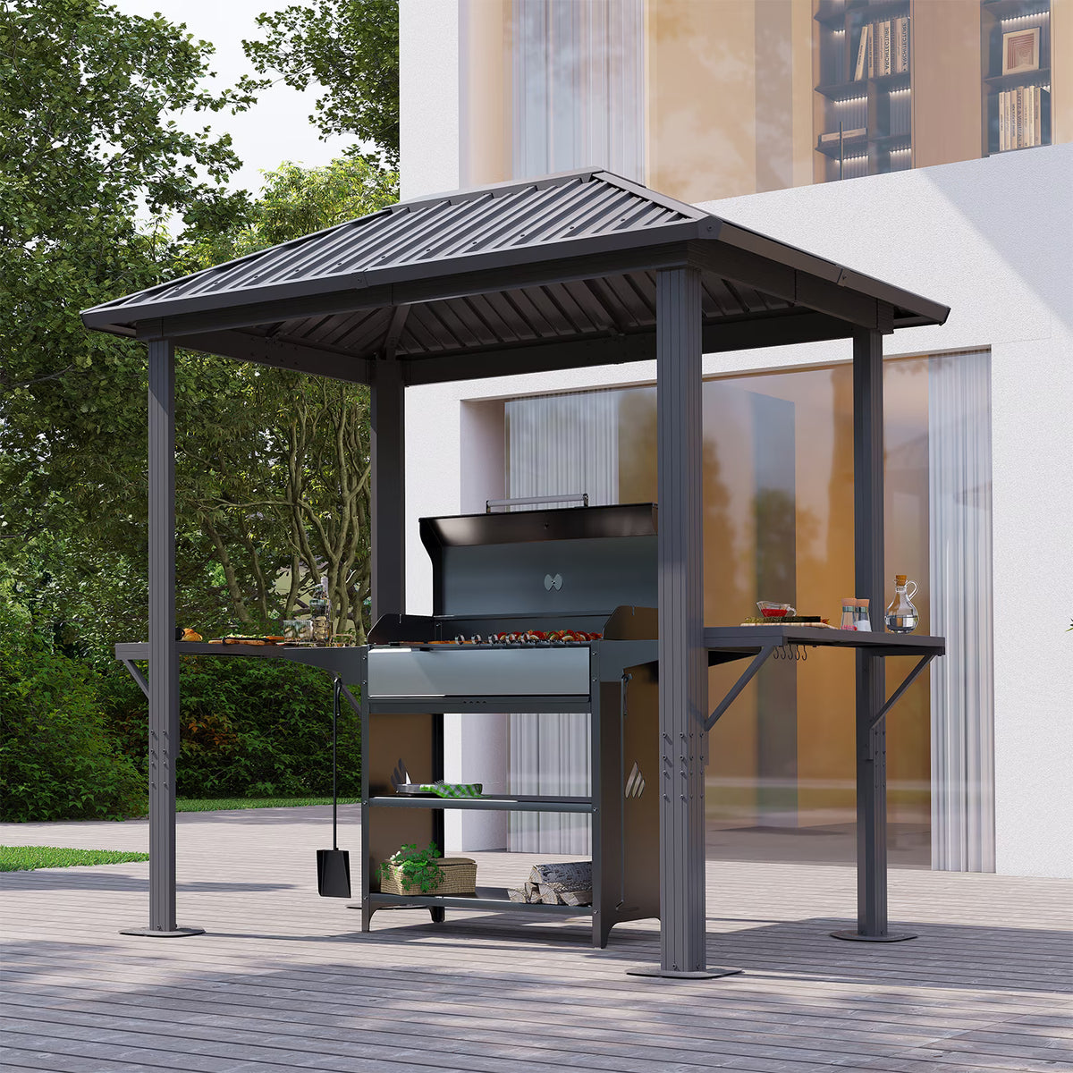 Dateyes 5' x 8' Grill Hardtop Gazebo,Outdoor BBQ Pavilion with Galvanized Steel Roof, Aluminum Frame, Shelves, for Lawn, Garden, Patio, or Backyard