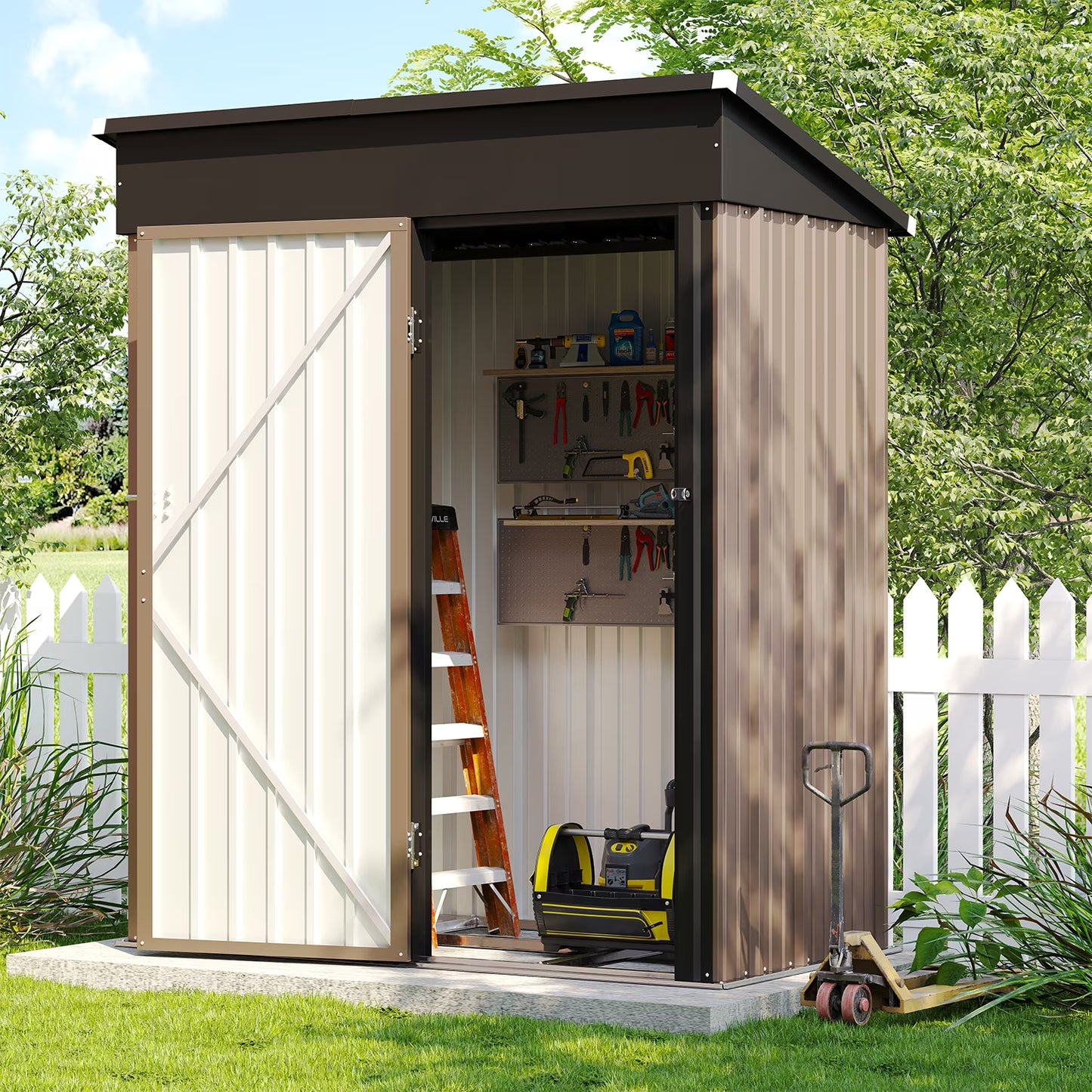 Clouddwell 5x3 ft. Metal Storage Shed with Base, Galvanized Steel Outdoor Garden Shed (Brown)