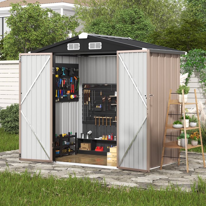 Clouddwell 6.2x4ft Galvanized Steel Storage Shed with Floor & Double Doors - Brown
