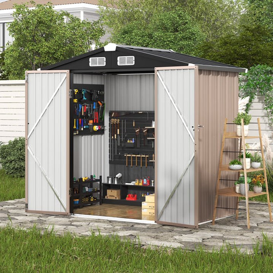 Clouddwell 6.2x4ft Galvanized Steel Storage Shed with Floor & Double Doors - Brown