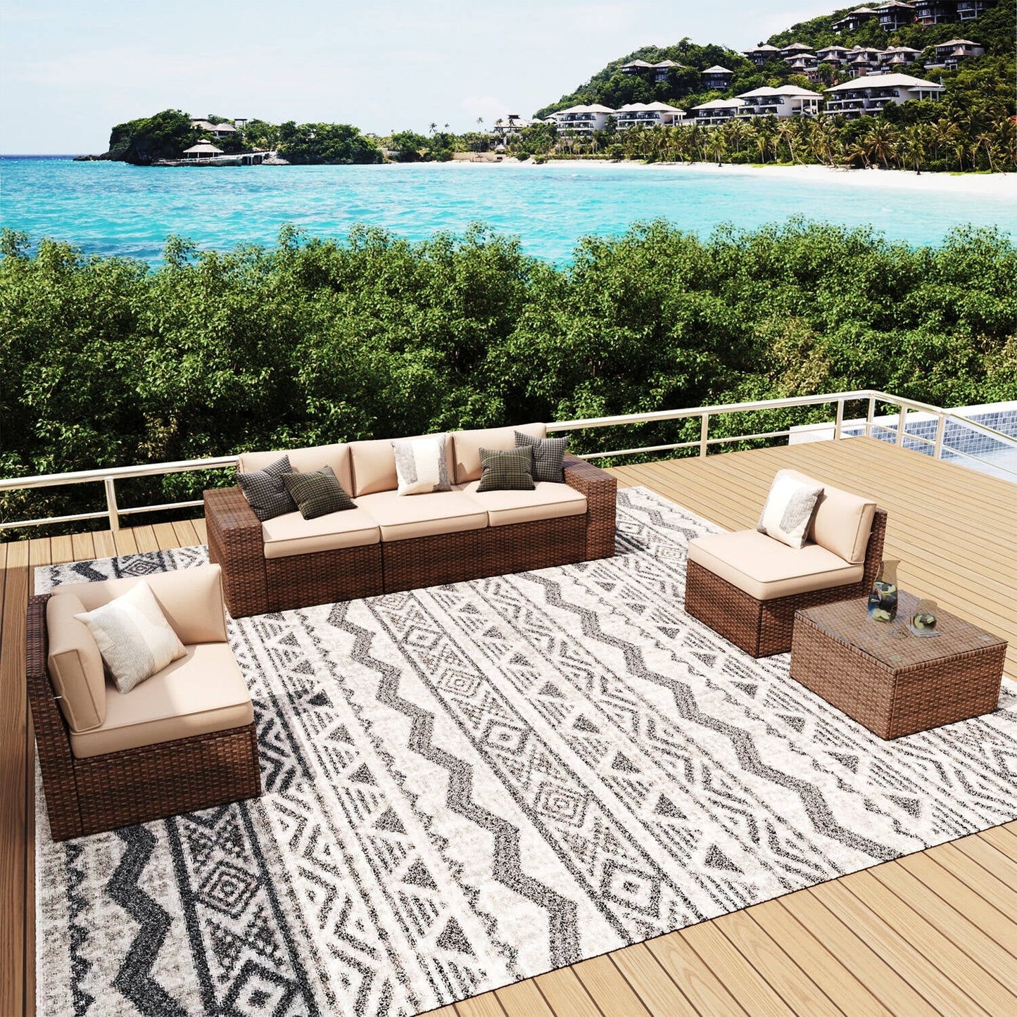 Clouddwell 6-Piece Outdoor Patio Set,4-Inch Thickened Cushions, All-Weather Wicker Sectional with Coffee Table & Custom Protective Cover Beige