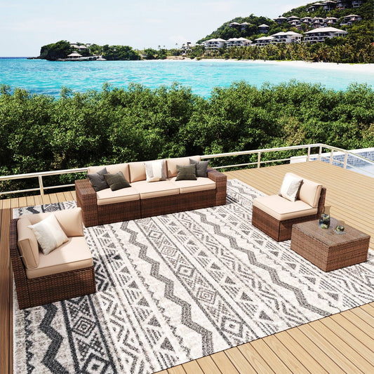Clouddwell 6-Piece Outdoor Patio Set,4-Inch Thickened Cushions, All-Weather Wicker Sectional with Coffee Table & Custom Protective Cover Beige