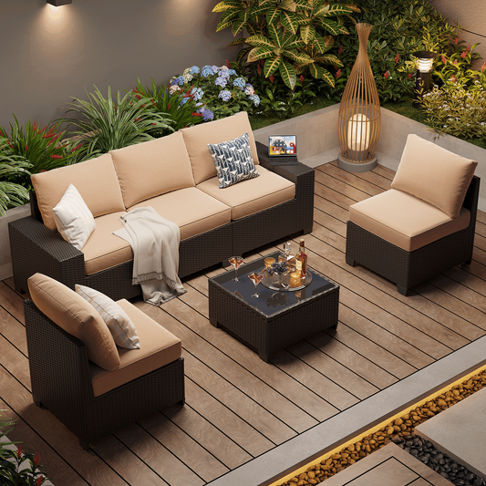 Clouddwell 6-Piece Outdoor Patio Set,4-Inch Thickened Cushions, All-Weather Wicker Sectional with Coffee Table & Custom Protective Cover Beige
