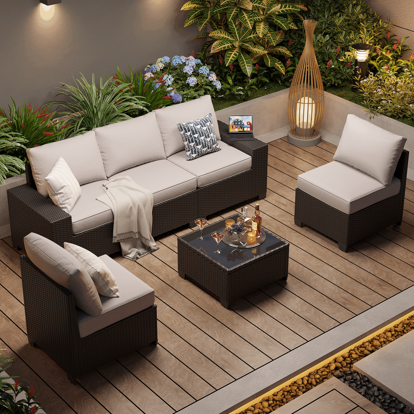 Clouddwell 6-Piece Outdoor Patio Set,4-Inch Thickened Cushions, All-Weather Wicker Sectional with Coffee Table & Custom Protective Cover Gray