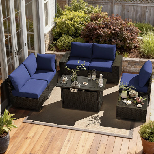 Clouddwell 6-Piece Outdoor Patio Set,4-Inch Thickened Cushions, All-Weather Wicker Sectional with Coffee Table & Custom Protective Cover Navy Blue
