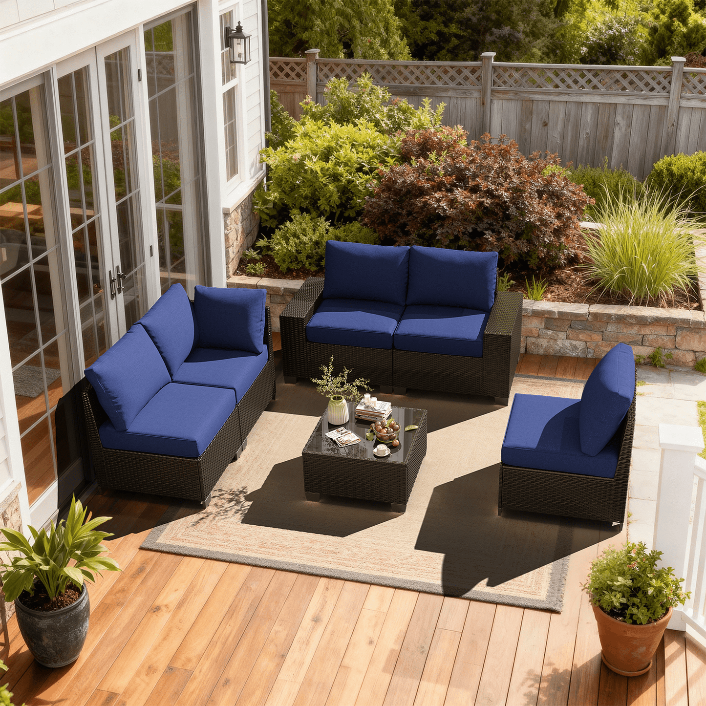 Clouddwell 6-Piece Outdoor Patio Set,4-Inch Thickened Cushions, All-Weather Wicker Sectional with Coffee Table & Custom Protective Cover Navy