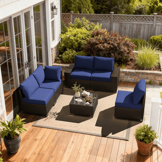 Clouddwell 6-Piece Outdoor Patio Set,4-Inch Thickened Cushions, All-Weather Wicker Sectional with Coffee Table & Custom Protective Cover Navy