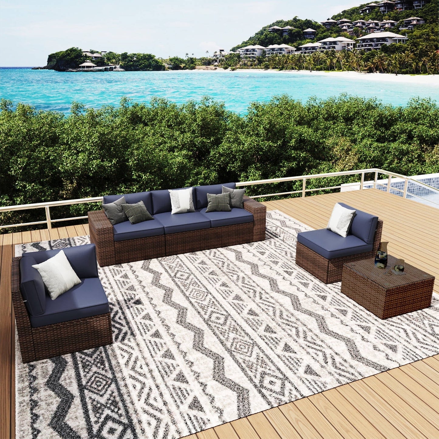 Clouddwell 6-Piece Outdoor Patio Set,4-Inch Thickened Cushions, All-Weather Wicker Sectional with Coffee Table & Custom Protective Cover Navy