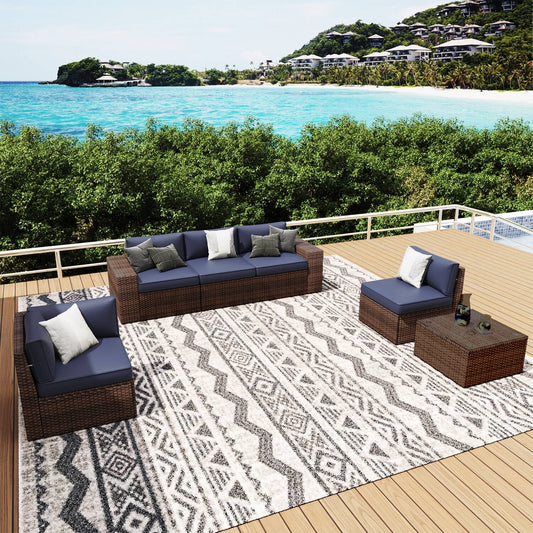 Clouddwell 6-Piece Outdoor Patio Set,4-Inch Thickened Cushions, All-Weather Wicker Sectional with Coffee Table & Custom Protective Cover Navy