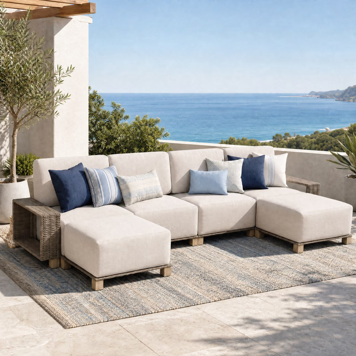 Clouddwell 6 Pieces Wicker Patio Furniture Set, Wicker Outdoor Sectional Sofa with 10 Inches Thick Cushions,Beige