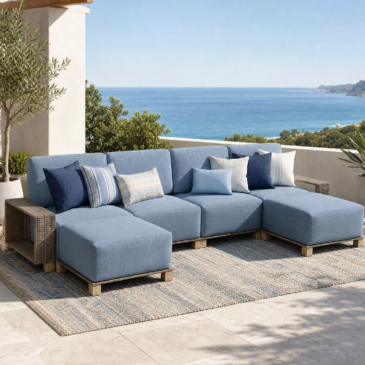 Clouddwell 6 Pieces Wicker Patio Furniture Set, Wicker Outdoor Sectional Sofa with 10 Inches Thick Cushions,Blue