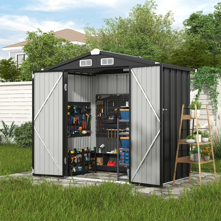 Clouddwell 6 ft. x 4 ft. Outdoor Storage Shed, Black Metal Garden Shed with Lockable Doors & Sloped Roof for Backyard, Patio, Poolside