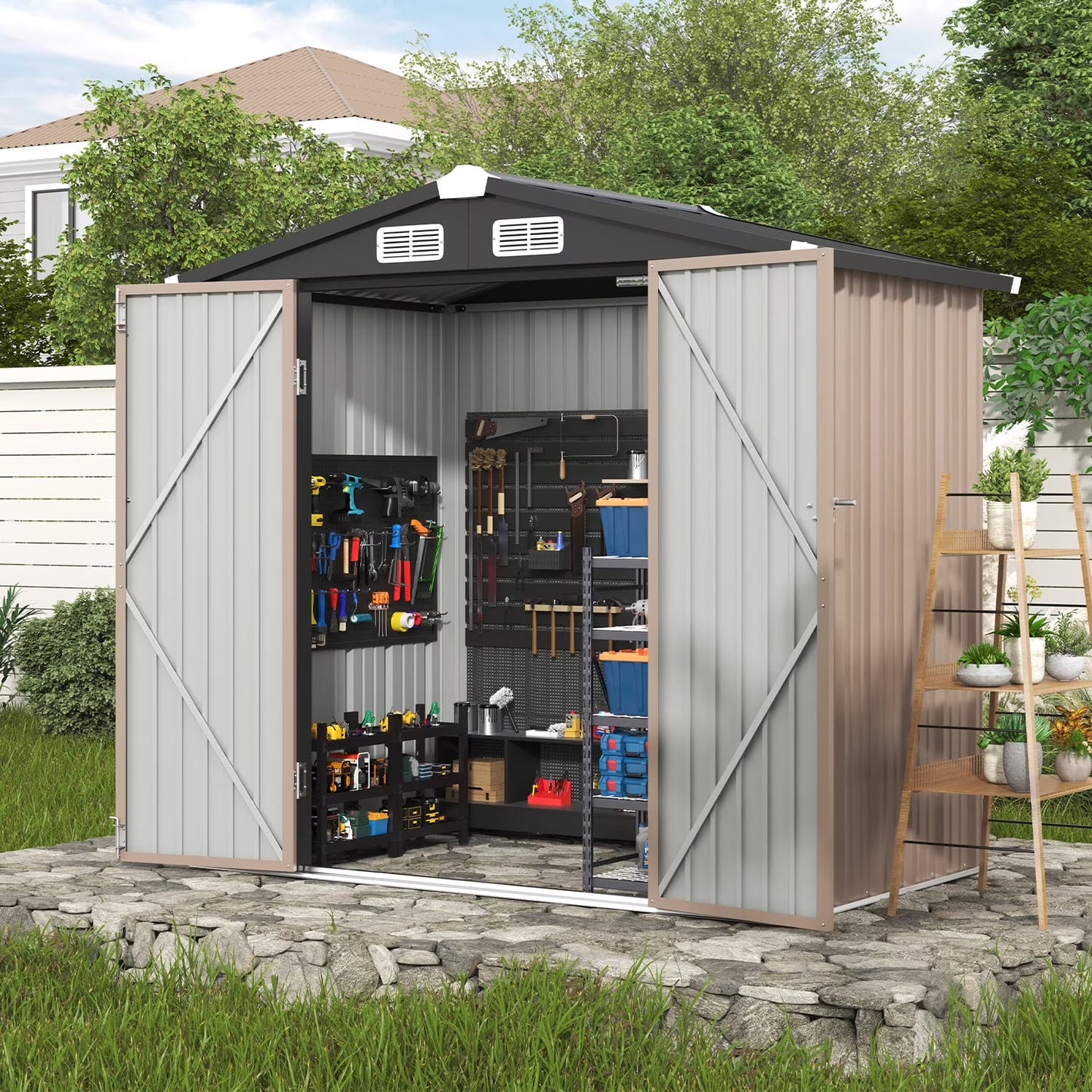 Clouddwell 6 ft. x 4 ft. Outdoor Storage Shed, Black Metal Garden Shed with Lockable Doors & Sloped Roof for Backyard, Patio, Poolside