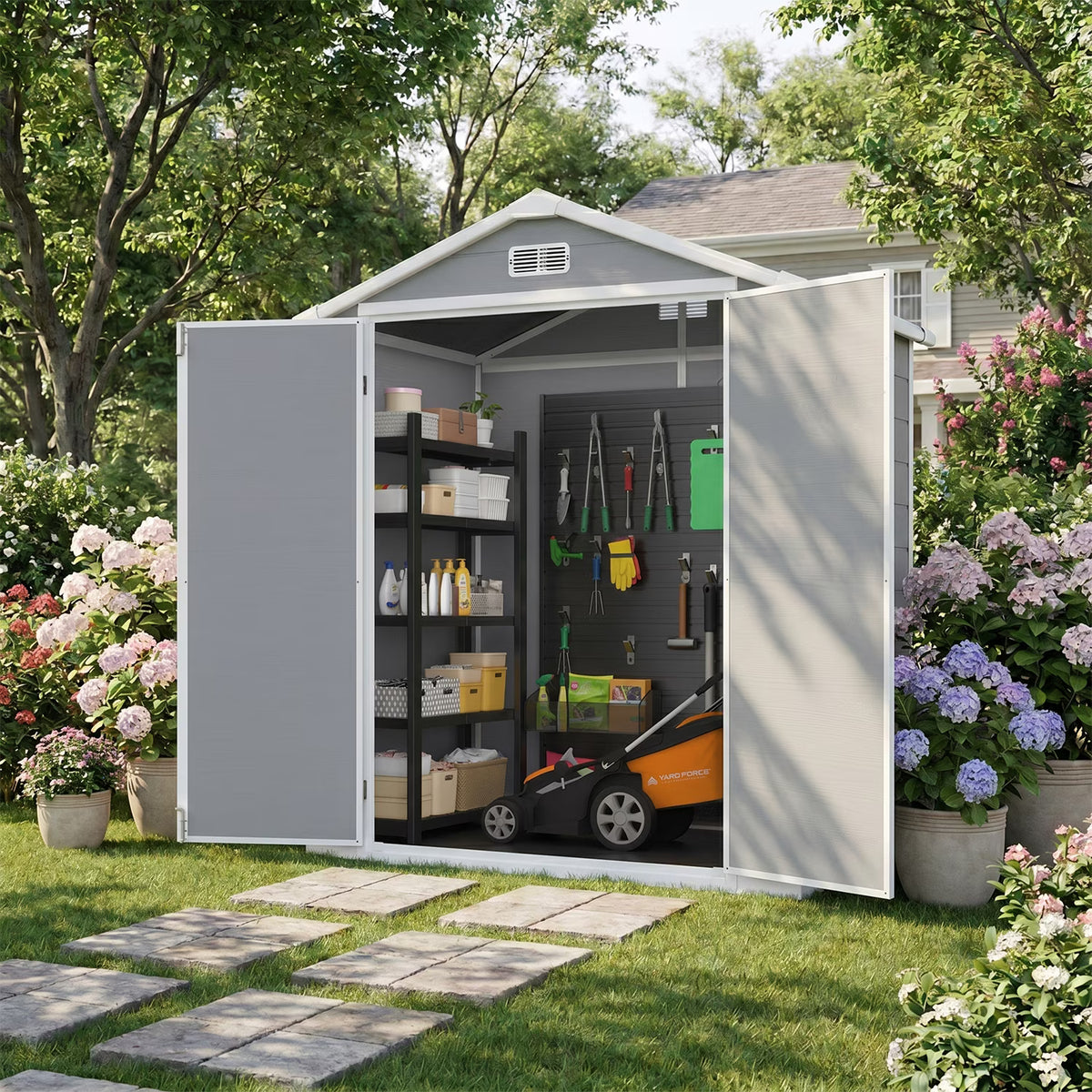 Dateyes 6 x 4 FT Resin Outdoor Storage Shed, Outdoor Sheds with Floor & Window, All-Weather Heavy Duty Plastic Shed for Backyard, Garden, Patio, Gray