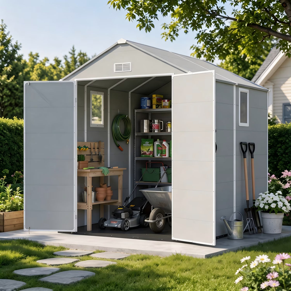 Dateyes 6 x 8 FT Resin Outdoor Storage Shed, Outdoor Sheds with Floor & Window, All-Weather Heavy Duty Plastic Shed for Backyard, Garden, Patio, Gray