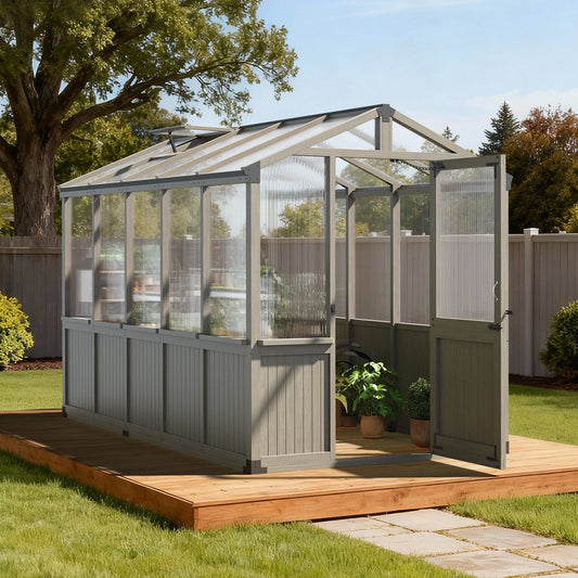 Clouddwell 6x10 FT Wooden Greenhouse, Polycarbonate Panels with Automatic Roof Vent & Lockable Door, Outdoor Walk-in Garden Greenhouse, Gray