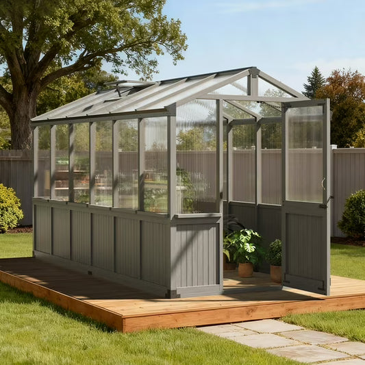 Clouddwell 6x12 FT Wooden Greenhouse, Polycarbonate Panels with Automatic Roof Vent & Lockable Door, Outdoor Walk-in Garden Greenhouse, Gray